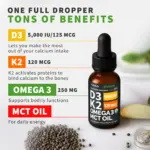 Frasco de suplemento líquido Nusava con D3 5000 IU, K2 120 mcg, Omega 3 y aceite MCT, junto a semillas sobre fondo claro para resaltar beneficios óseos.