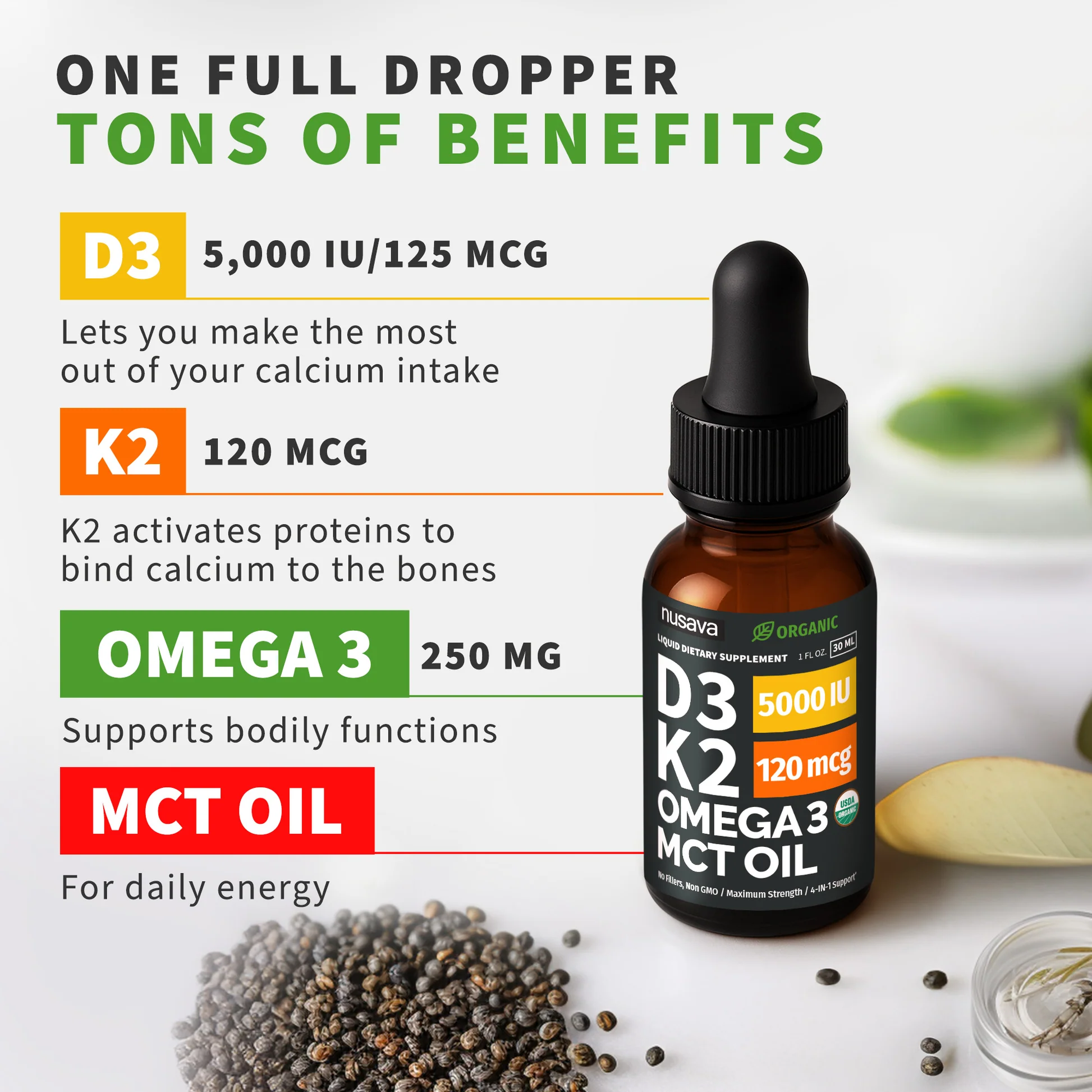 Frasco de suplemento líquido Nusava con D3 5000 IU, K2 120 mcg, Omega 3 y aceite MCT, junto a semillas sobre fondo claro para resaltar beneficios óseos.
