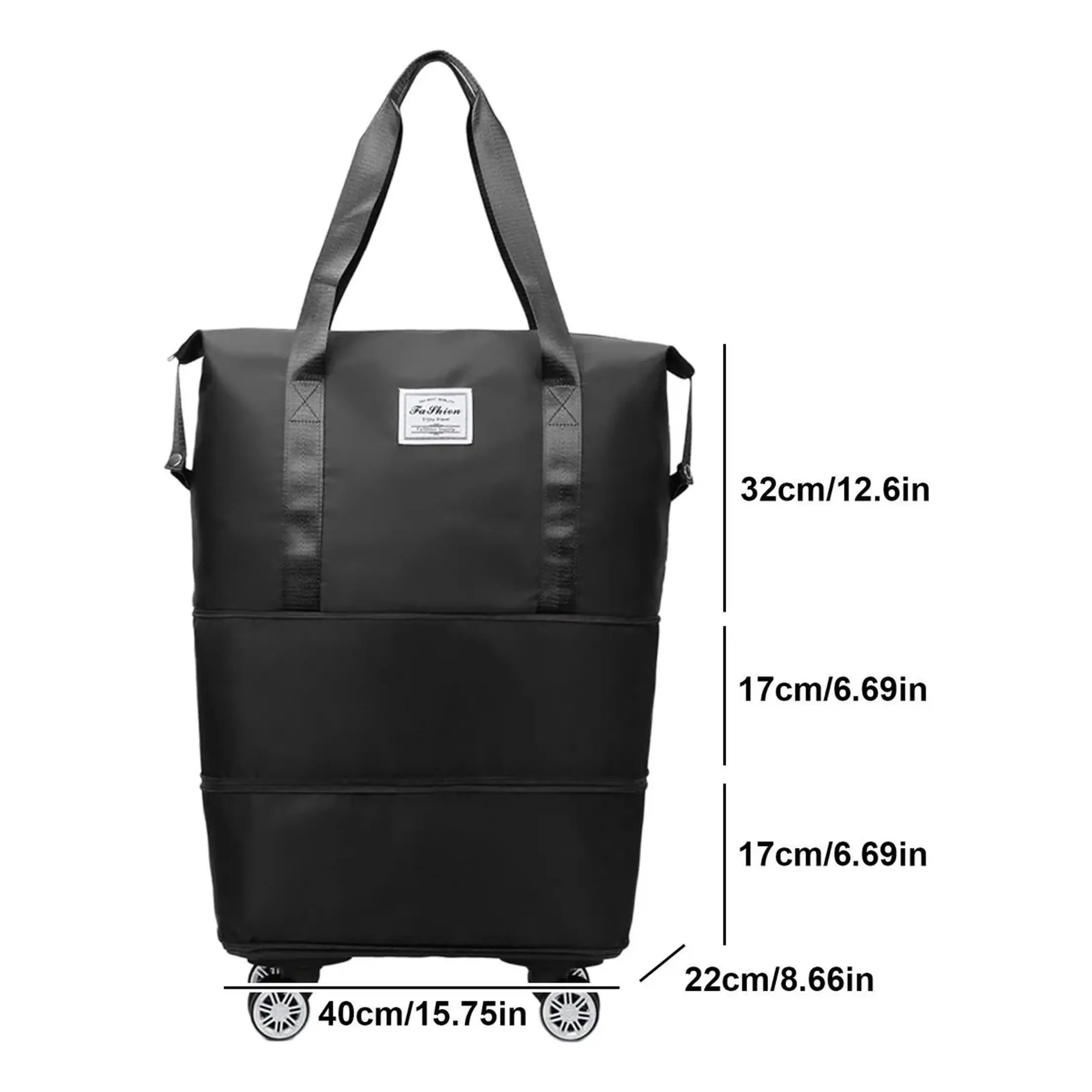 Bolso de viaje negro plegable con ruedas, asas largas y medidas de 40x66cm, ideal para gimnasio y fin de semana.