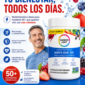 Frasco de multivitamínico Rainbow Light Men's One 50+ con 90 tabletas vegetarianas, rodeado de frutas frescas sobre fondo azul para hombres mayores.