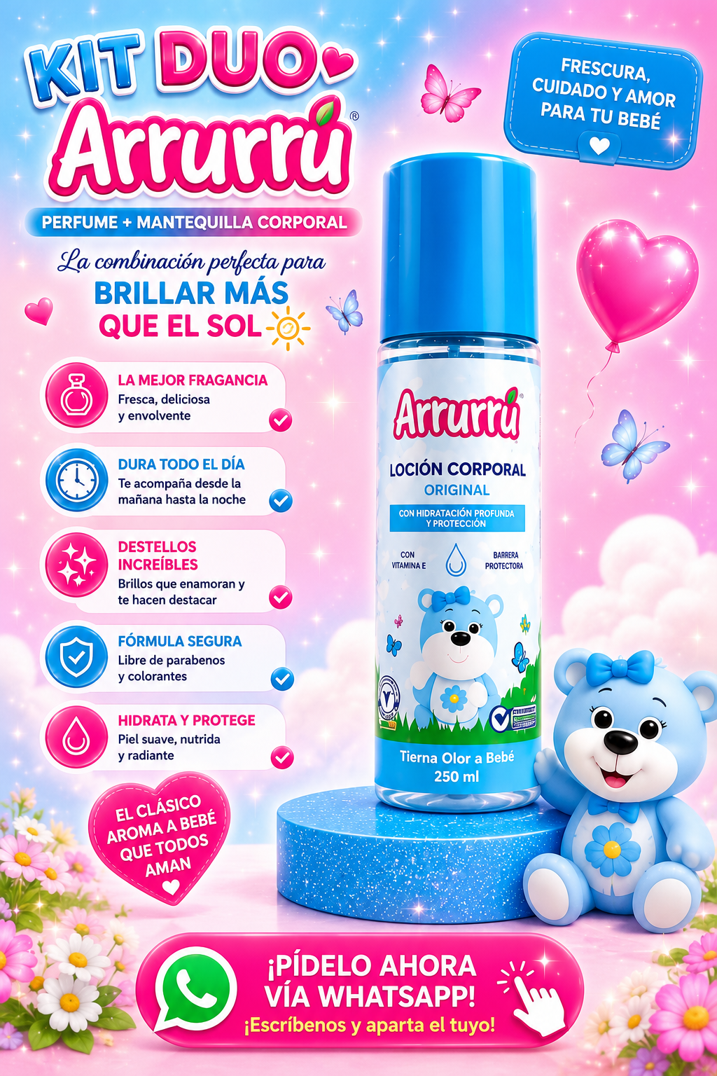 Loción corporal Arrurrú original de 250 ml con vitamina E, presentada junto a un oso de peluche azul sobre una base circular en un entorno fantástico.