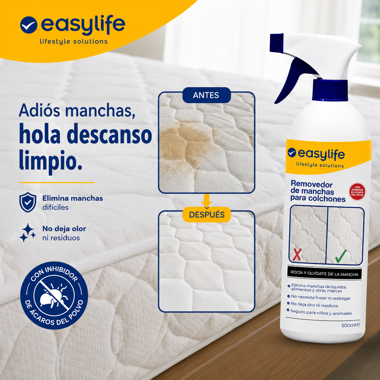 Botella de removedor de manchas para colchones de 500 ml junto a un colchón que muestra el antes y después de su limpieza.