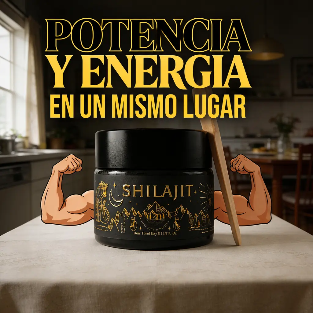 Tarro negro de Shilajit en jalea multivitamínico con etiqueta dorada, acompañado de una cuchara de madera sobre una mesa en la cocina.