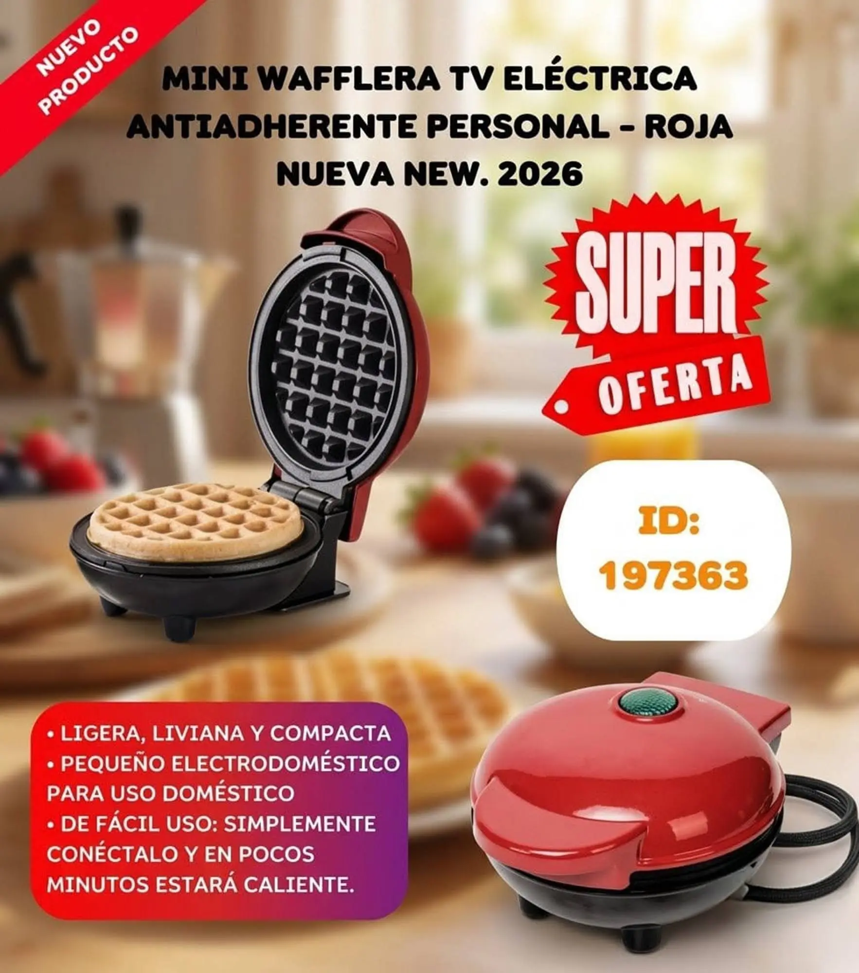Mini waflera eléctrica roja antiadherente para uso personal, abierta con un waffle horneado y otra cerrada junto a texto promocional.