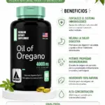 Frasco negro de aceite de orégano 4000 mg con tapa verde, 100 cápsulas blandas, sobre base blanca con hojas, destacando beneficios digestivos e inmunes.