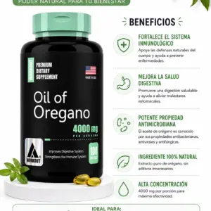 Frasco negro de aceite de orégano 4000 mg con tapa verde, 100 cápsulas blandas, sobre base blanca con hojas, destacando beneficios digestivos e inmunes.