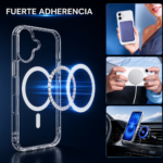 Estuche transparente para iPhone 17 Pro con anclaje magnético integrado, bordes reforzados y soporte para carga inalámbrica y accesorios magnéticos.