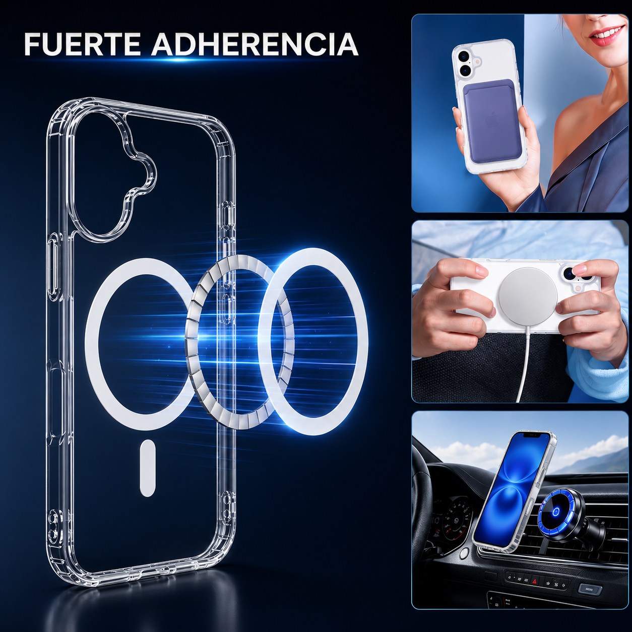 Estuche transparente para iPhone 17 Pro con anclaje magnético integrado, bordes reforzados y soporte para carga inalámbrica y accesorios magnéticos.