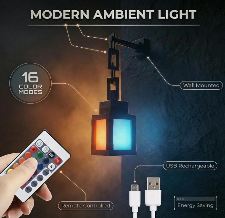 Lámpara LED estilo píxel con diseño colgante, luz ambiental en tonos naranja y azul, control remoto y carga USB montada en pared.