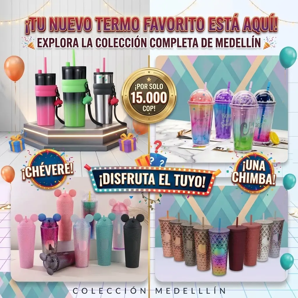 Set de termos y vasos portátiles con sorbete, en varios colores vibrantes, degradados y texturas, distribuidos en cuatro secciones promocionales.