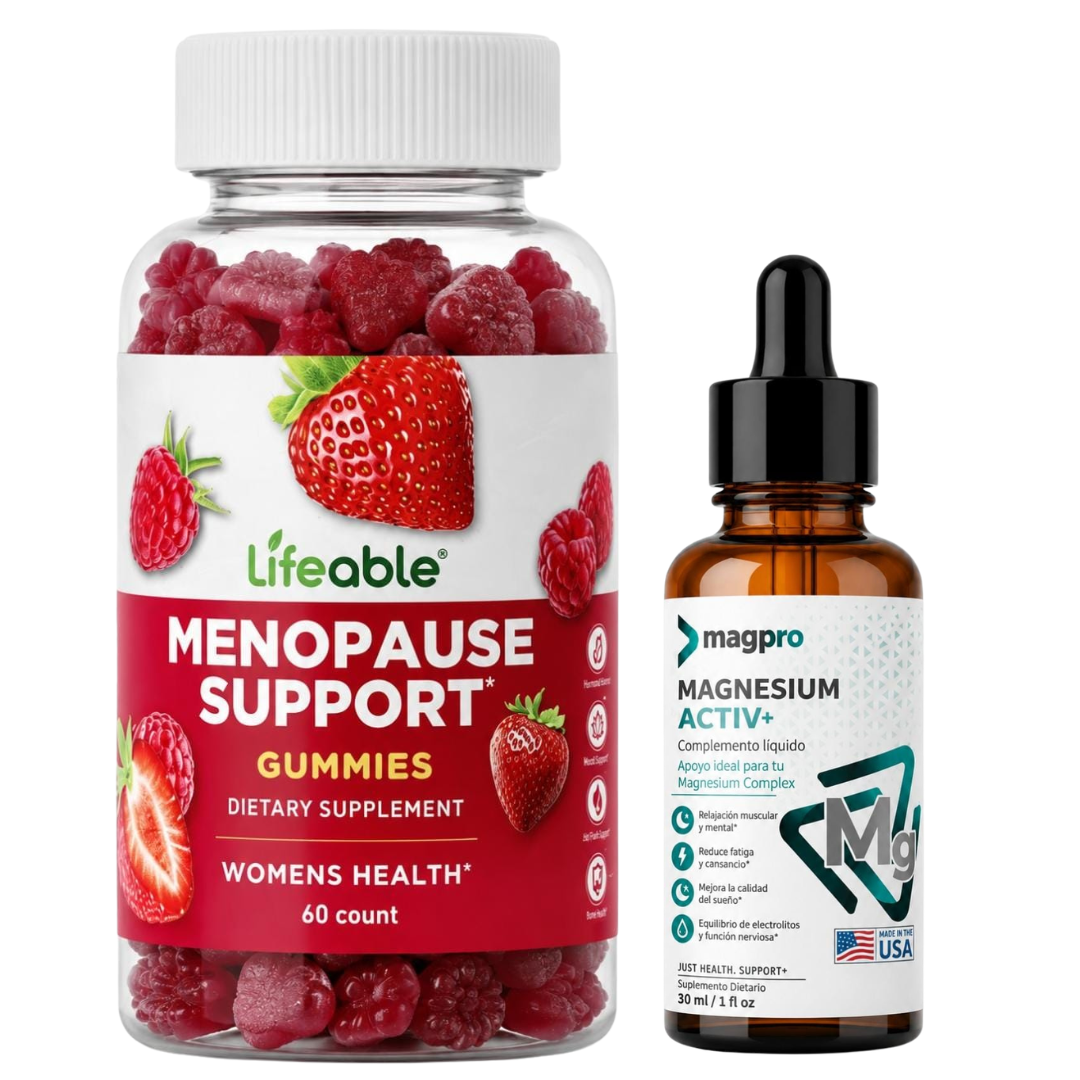 Frasco transparente de gomitas masticables para menopausia con 60 unidades y frasco gotero de magnesio líquido de 30 ml
