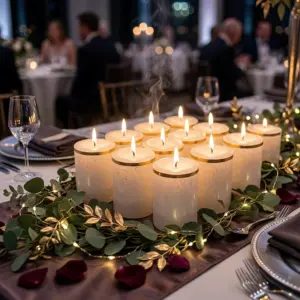 Veladora artesanal cilíndrica de parafina blanca con detalle de cinta dorada, dispuesta en centro de mesa con eucalipto y luces.
