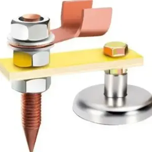 Soporte magnético de soldadura 300A con base redonda metálica, tornillo de cobre con punta cónica, barra aislante amarilla y terminal en C.