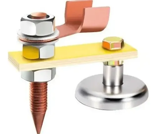Soporte magnético de soldadura 300A con base redonda metálica, tornillo de cobre con punta cónica, barra aislante amarilla y terminal en C.