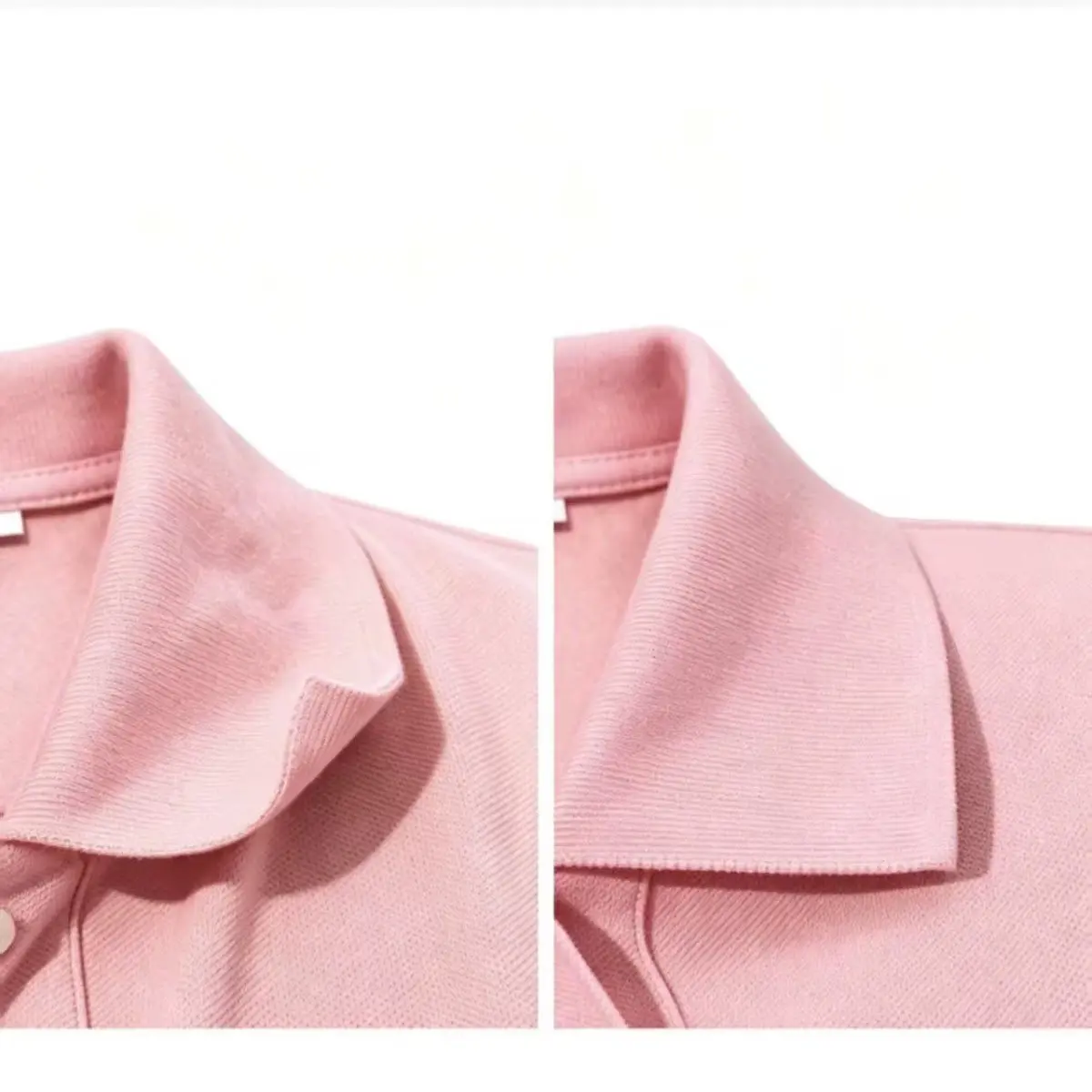 Detalle de cuello de camisa polo color rosa con protector adhesivo aplicado, mostrando la textura del tejido y la protección contra manchas de sudor.