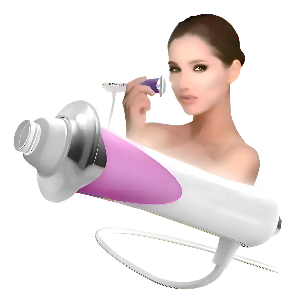 Dispositivo de radiofrecuencia facial Derma W Pro blanco con detalle morado para rejuvenecimiento y reafirmar la piel del rostro.