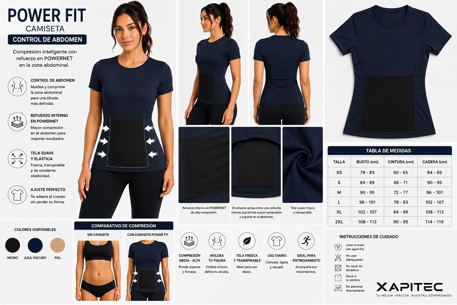 Camiseta moldeadora deportiva cuello redondo Powerfit con control abdominal - estilizas tu figura y mejoras tu postura con total comodidad