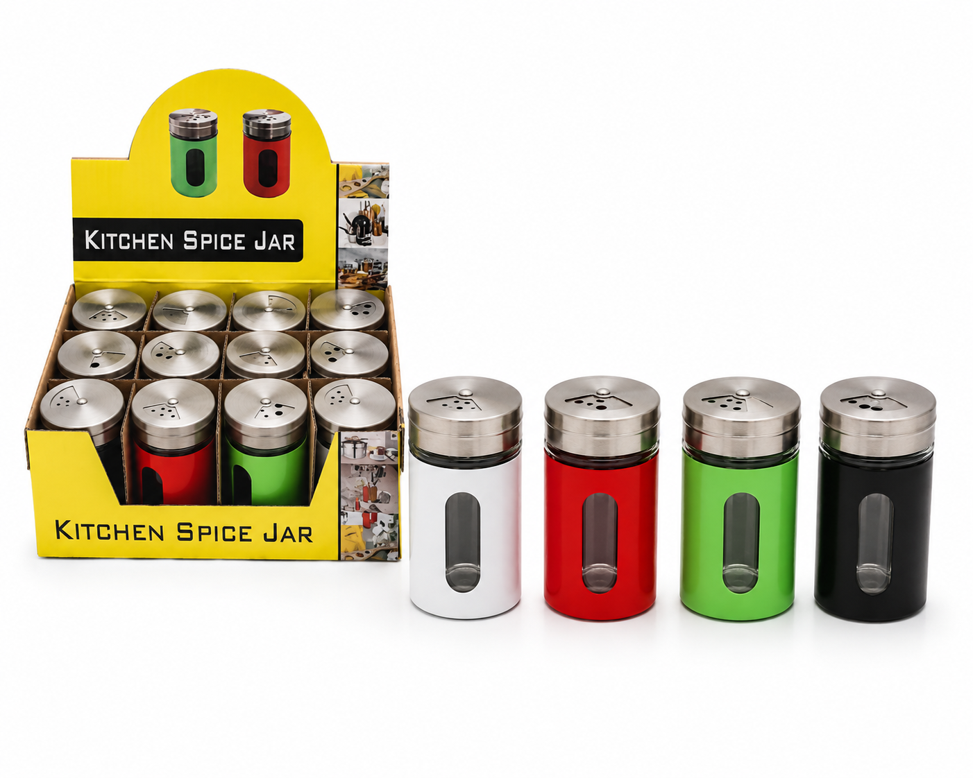 Caja exhibidora de cartón amarillo con doce frascos para especias y cuatro dispensadores sueltos en colores blanco, rojo, verde y negro con tapa de acero inoxidable.