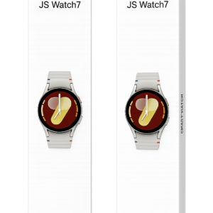 Dos empaques blancos del Smart Watch JS7 con de reloj deportivo de correa blanca y pantalla con icono de monitoreo de salud.