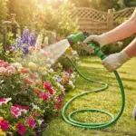 Manguera de jardín verde de 10 metros con pistola de riego ajustable y conectores, usada para regar flores.