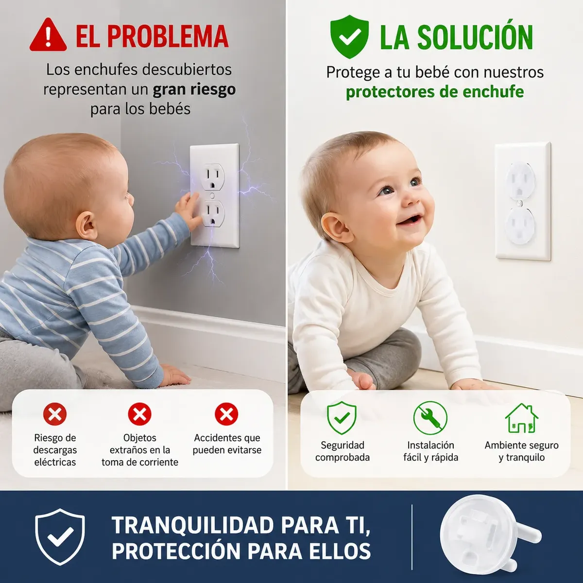 Comparativa de seguridad infantil: protector de enchufe transparente instalado en toma de corriente para prevenir descargas eléctricas y accidentes en bebés.
