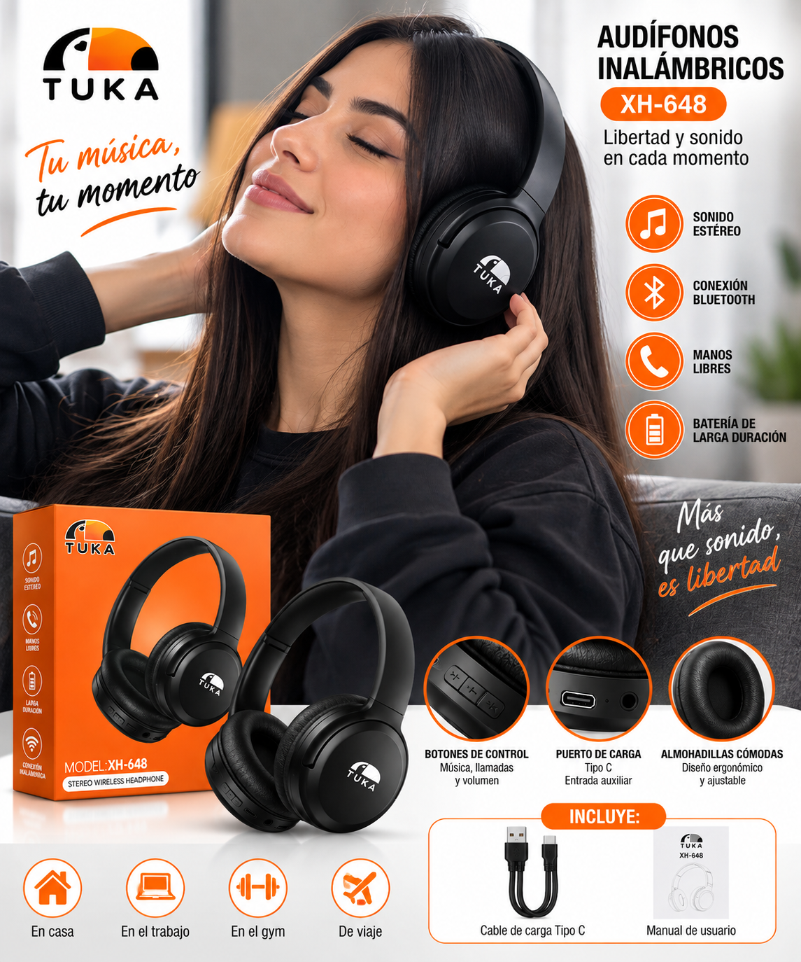 Audífonos inalámbricos Tuka XH-648 negros con diseño ergonómico, caja, cable de carga tipo C y manual, mostrados con una mujer usándolos cómodamente.