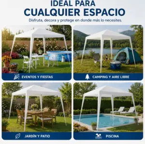 Toldo carpa armable blanco de tres por tres metros, ideal para proteger jardines, campings y eventos al aire libre contra el sol.