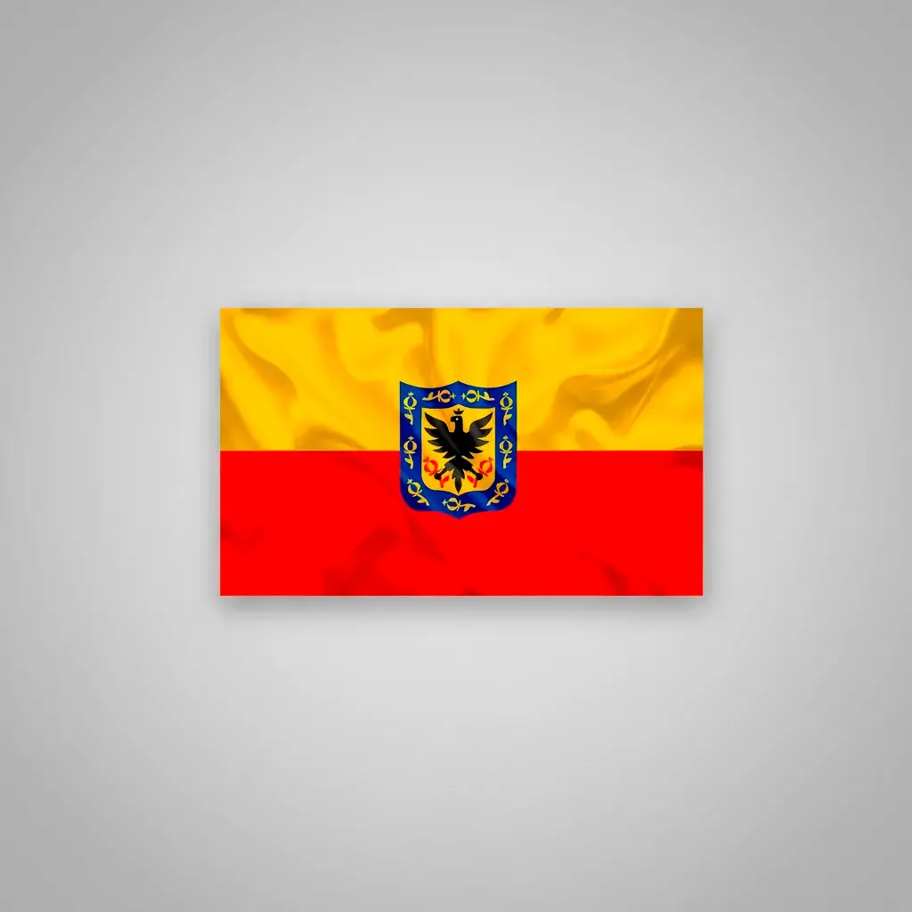 Bandera de Bogotá de 1x1.5 m en poliéster con efecto satinado, diseño horizontal amarillo y rojo, y escudo institucional con águila en el centro.