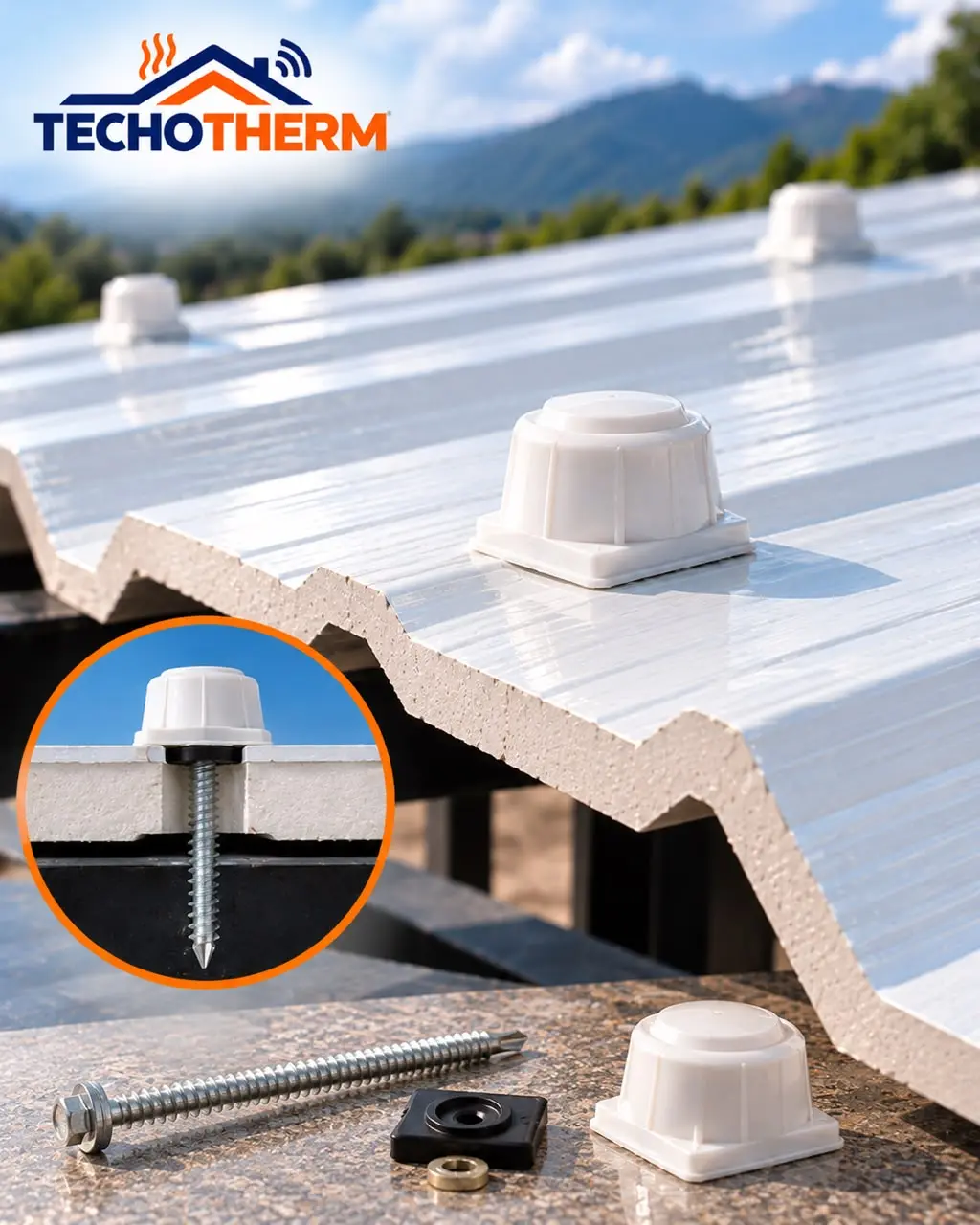 Tornillo autoperforante con capelote blanco para techos. Muestra tornillo, arandelas y capelote con detalle de instalación en techo corrugado.