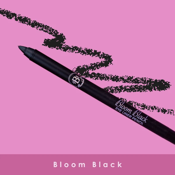 Lápiz delineador de ojos negro Bloom Black en diagonal sobre fondo rosado con un trazo grueso y texturizado de color negro.