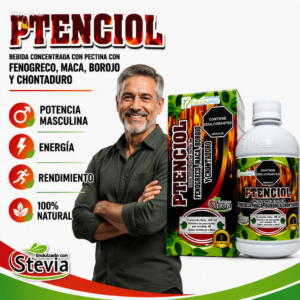 Bebida concentrada Potenciol de 400 ml con maca, borojó y chontaduro, junto a un hombre sonriente, destacando beneficios de energía y potencia masculina.
