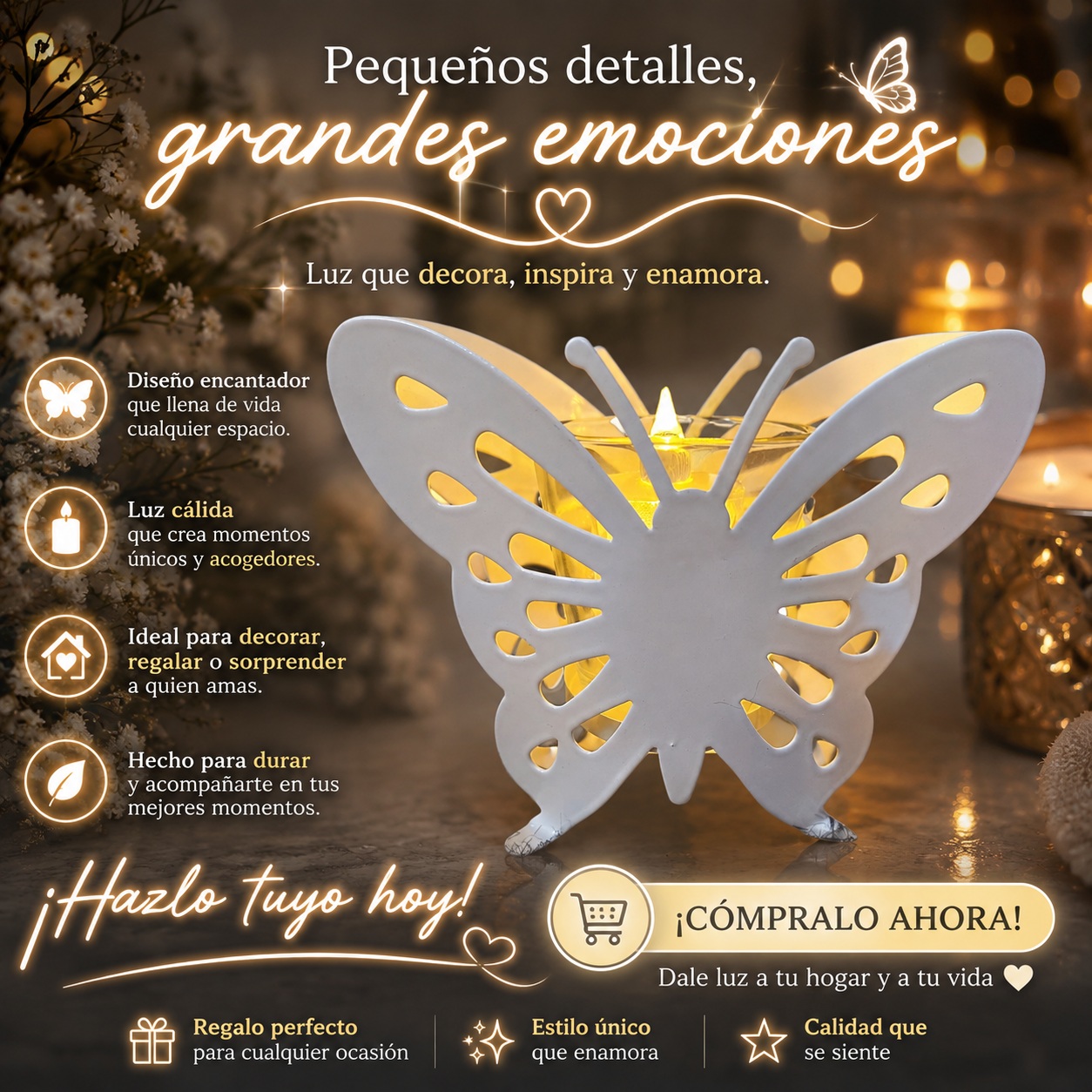 Porta velas blanco en forma de mariposa metálica con copa de vidrio central e iluminación cálida sobre superficie brillante
