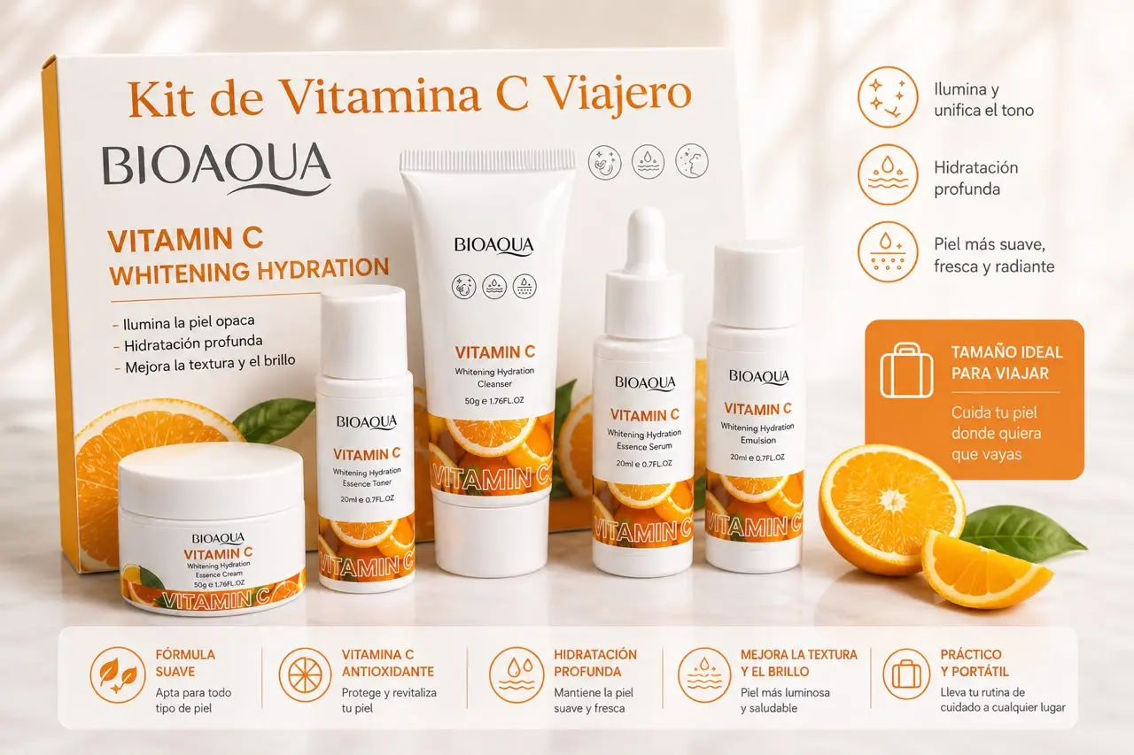 Kit de viaje Bioaqua con cinco productos de vitamina C para iluminar e hidratar el rostro, incluyendo crema, tónico, limpiador, sérum y emulsión.