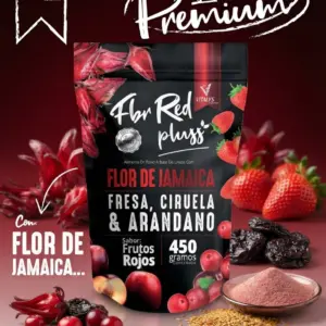 Bebida en polvo de linaza Vitalys Fbr Red Plus de 450 gramos, sabor frutos rojos con flor de jamaica, fresa, ciruela y arándano.