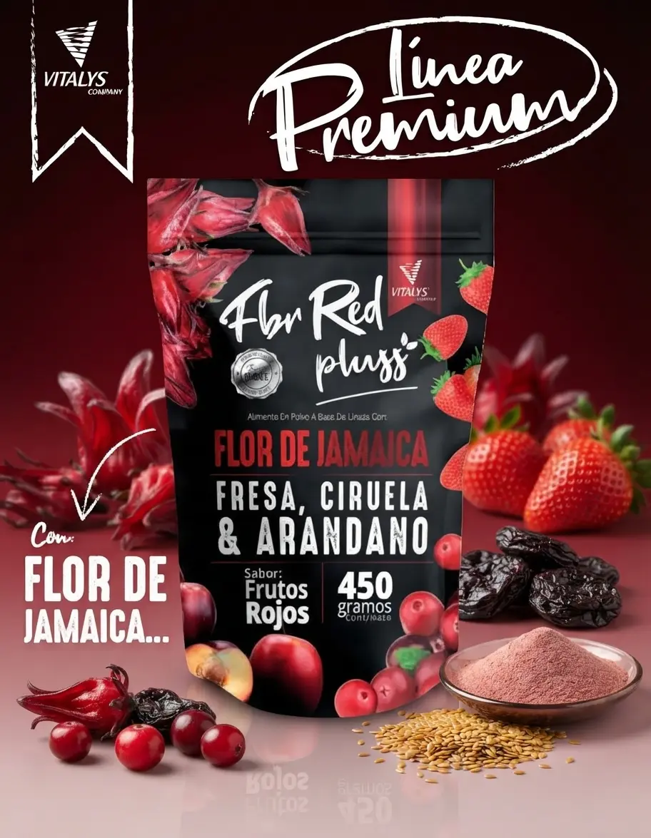 Bebida en polvo de linaza Vitalys Fbr Red Plus de 450 gramos, sabor frutos rojos con flor de jamaica, fresa, ciruela y arándano.