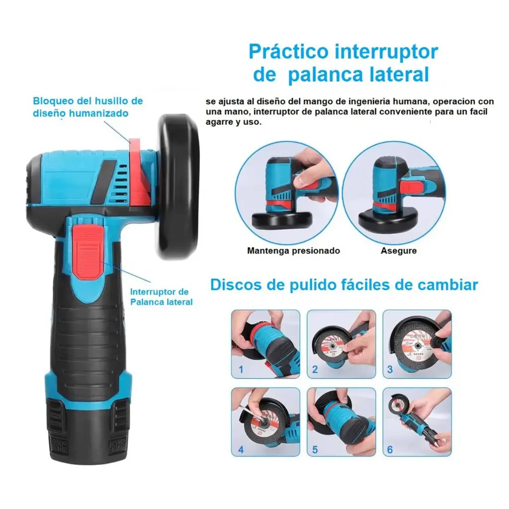 Pulidora inalámbrica azul y negra de 12V con interruptor lateral, protector de disco y guía visual de uso y cambio de accesorios.
