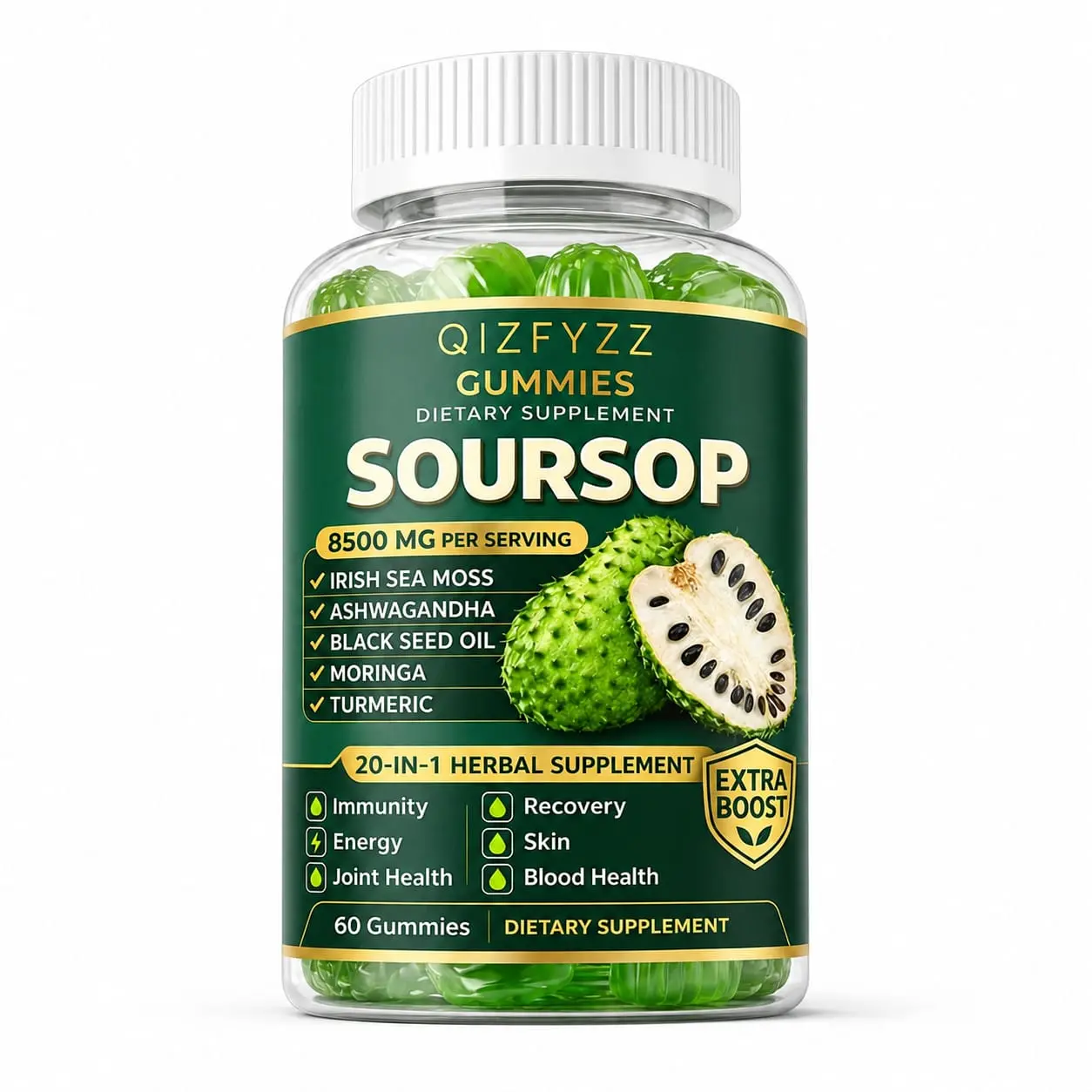 Frasco transparente con 60 gomitas verdes de guanábana, ashwagandha y cúrcuma. Etiqueta verde y dorada con ilustraciones de la fruta.