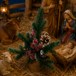 Mini pino navideño artificial sobre base de madera, decorado con piñas y bayas rojas, ubicado en un pesebre con figuras decorativas.