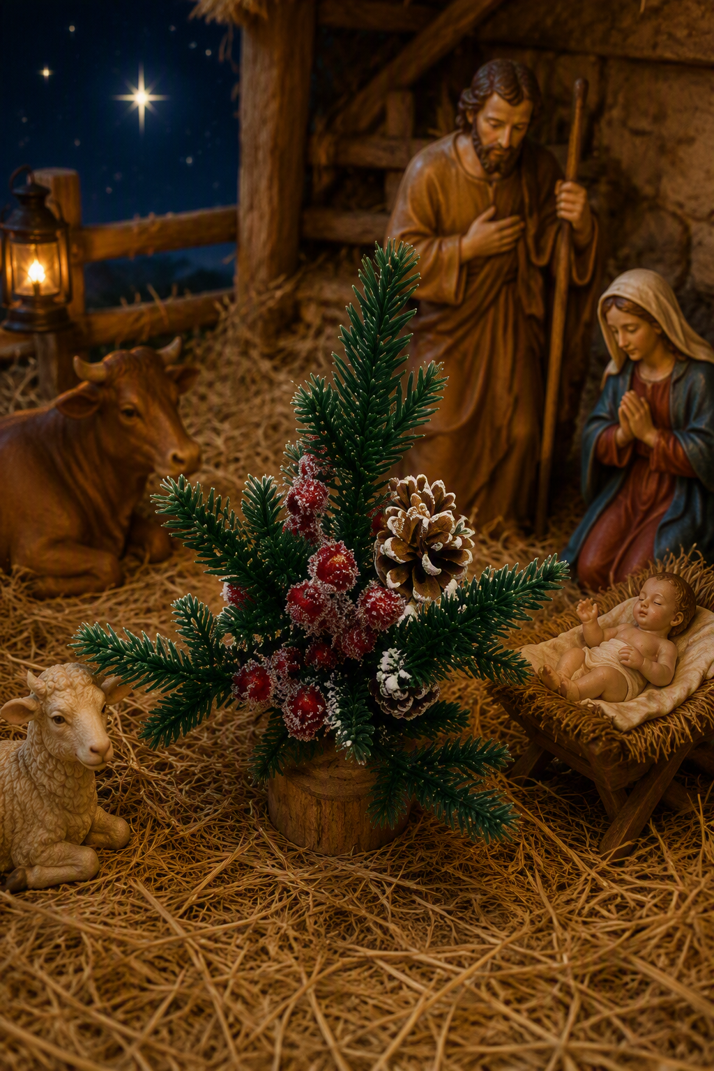 Mini pino navideño artificial sobre base de madera, decorado con piñas y bayas rojas, ubicado en un pesebre con figuras decorativas.