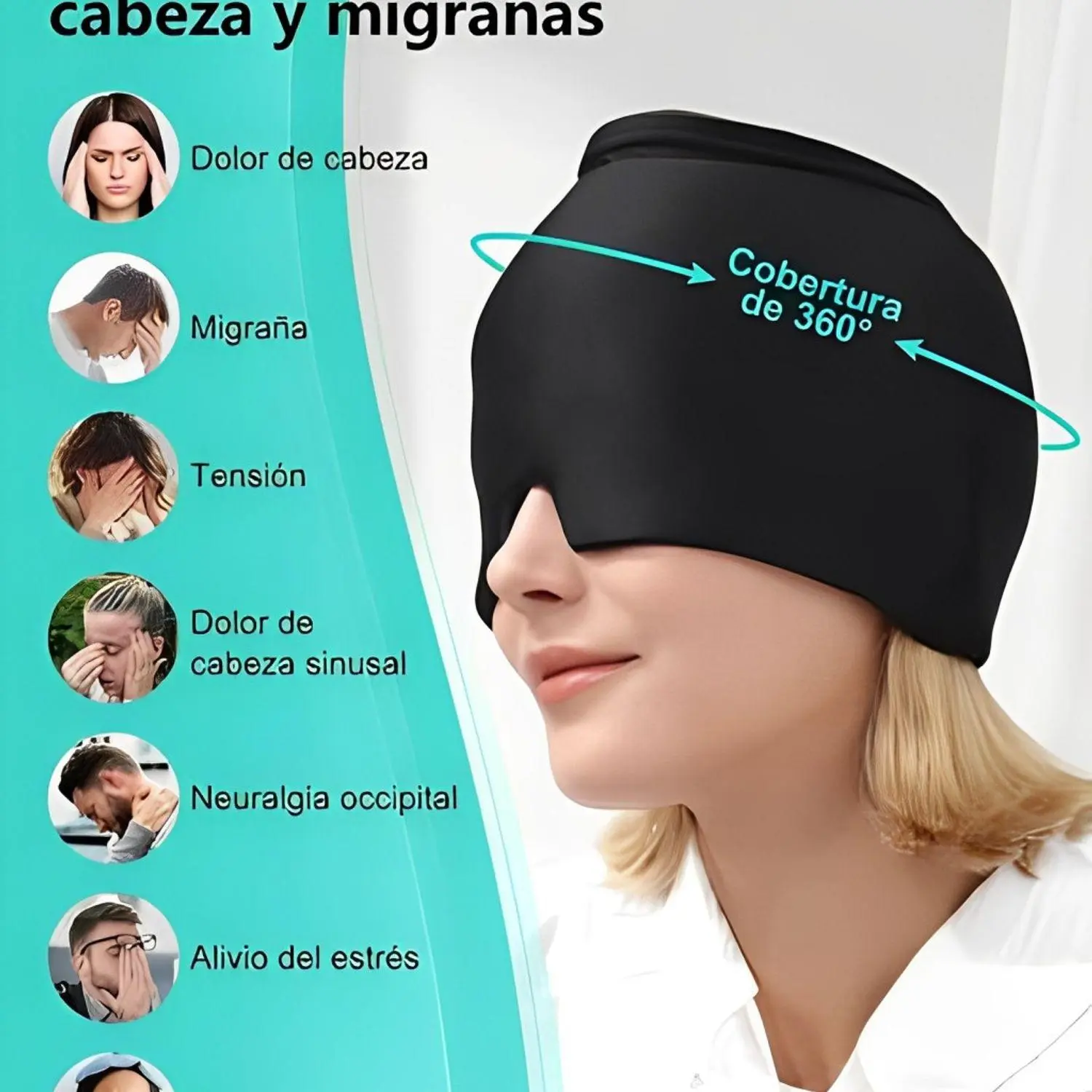 Gorro térmico negro para migraña y dolor de cabeza, ajustado a 360 grados sobre la cabeza de una mujer, cubriendo los ojos y la frente.