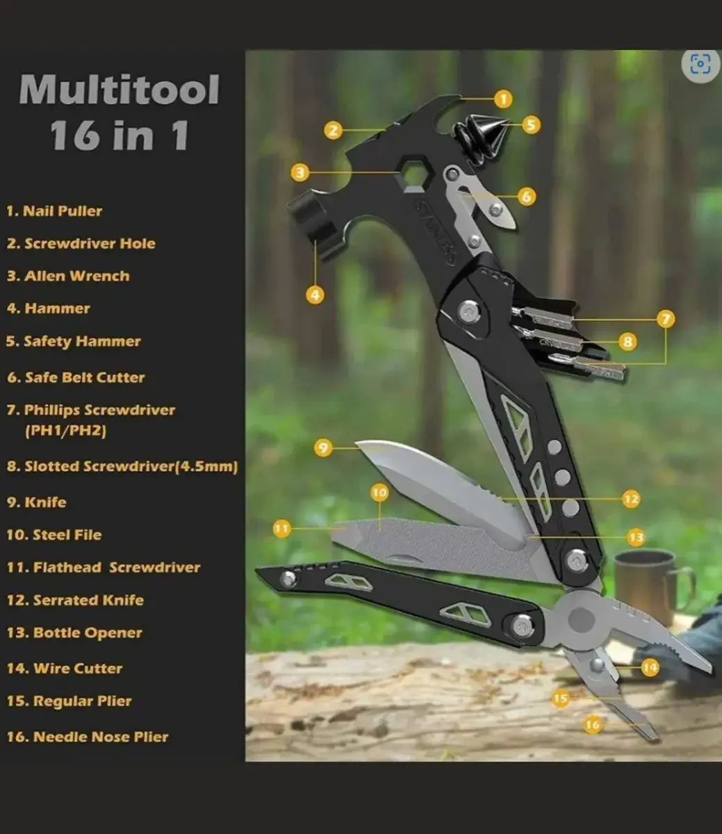 Martillo multiherramientas negro de acero inoxidable con 16 funciones desplegadas sobre un fondo de bosque
