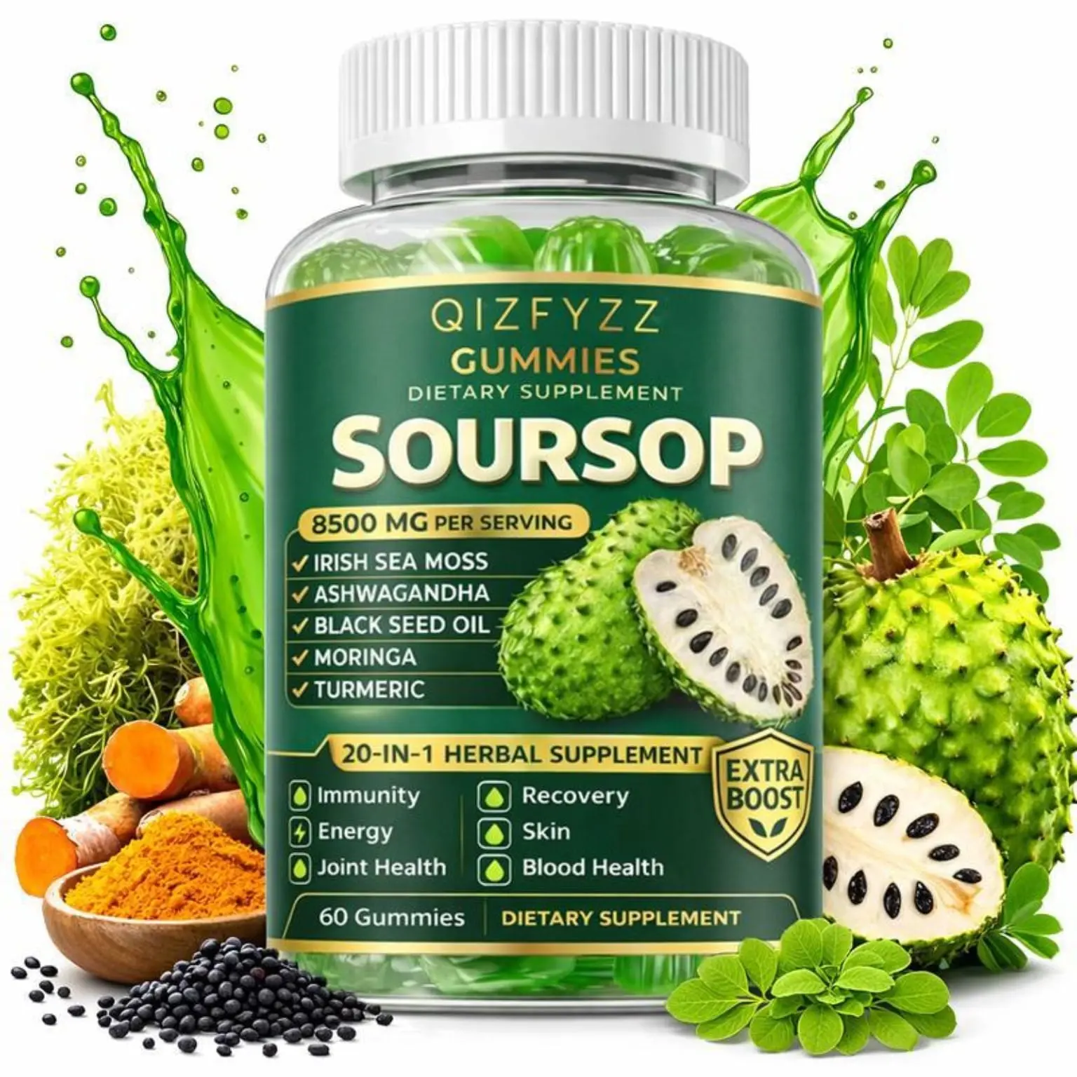 Frasco de gomitas de soursop Qizfyzz con ingredientes naturales como moringa y cúrcuma, rodeado de frutas reales y extractos verdes.