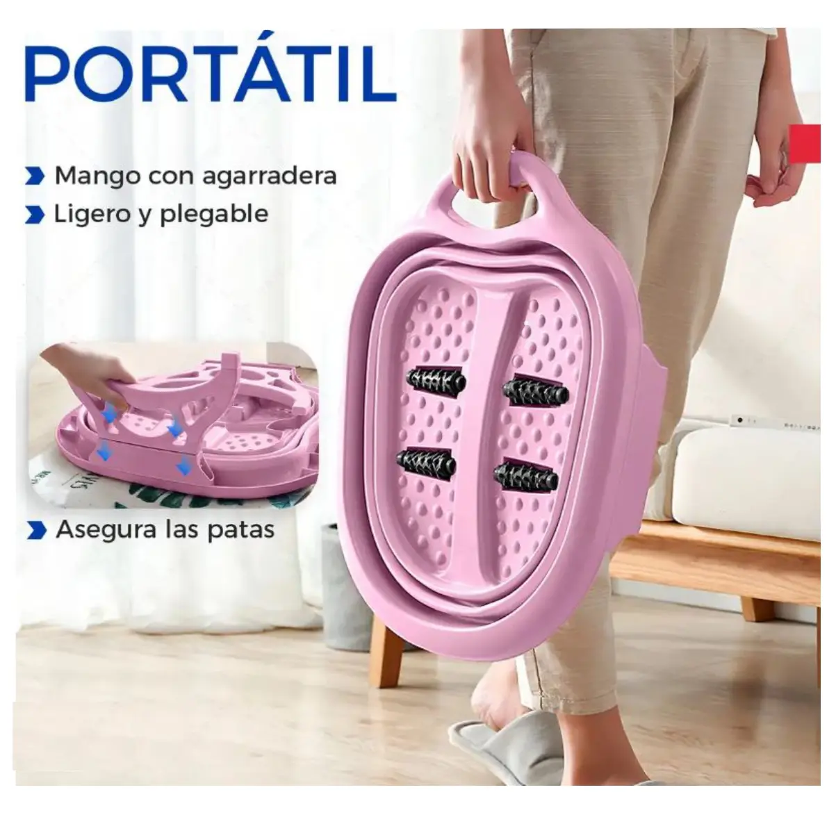 Tina spa para pies rosa, plegable y portátil con mango de agarre y rodillos masajeadores negros en su interior texturizado.