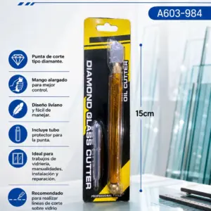Cortador de vidrio profesional ámbar de 15 cm con punta tipo diamante, mango alargado translúcido, gotero dispensador y empaque blíster negro y amarillo.