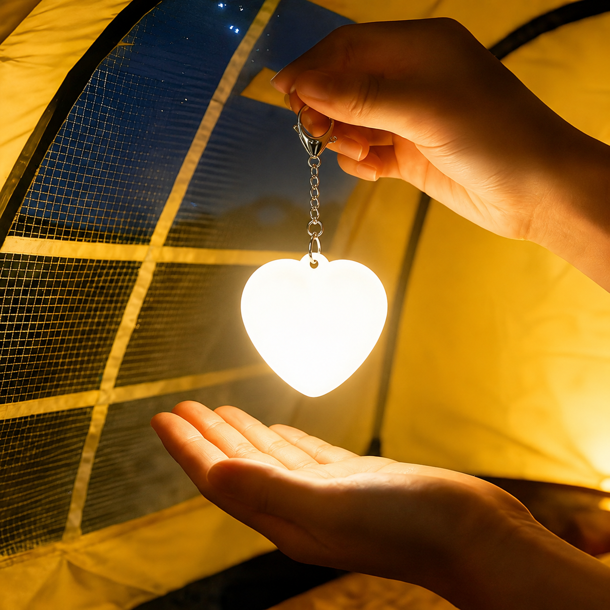 Llavero con luz LED en forma de corazón blanco cálido, sostenido dentro de una carpa junto a una mano.