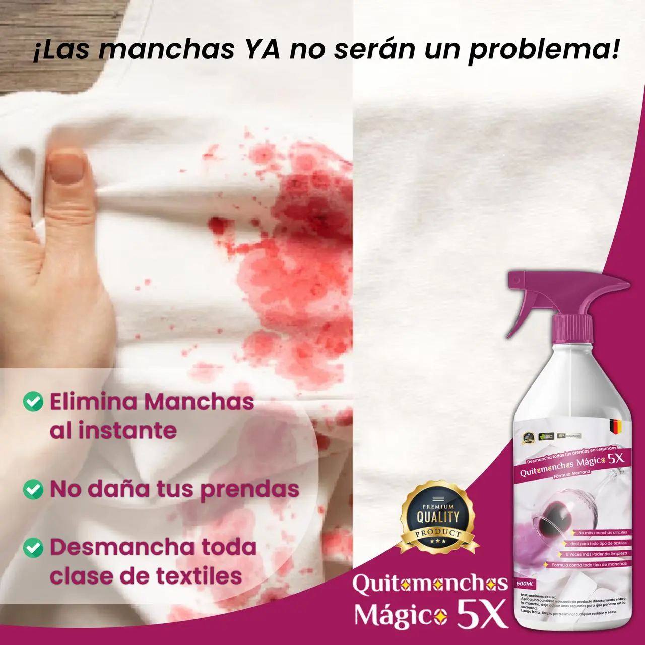 Atomizador quitamanchas mágico de 500 ml para textiles y ropa, mostrando un antes y después sobre una tela blanca con manchas rojas.