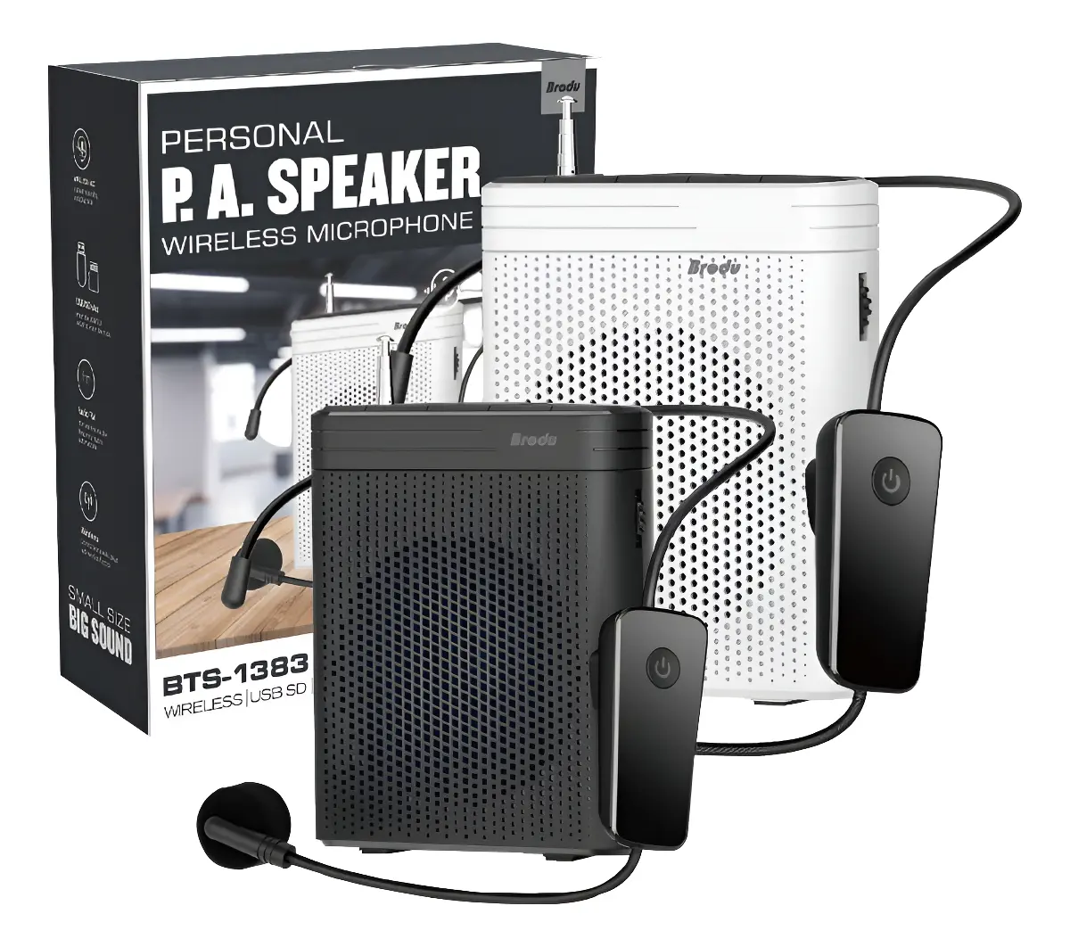 Radio parlante con micrófono inalámbrico de diadema, incluye caja de empaque y dos unidades disponibles en colores blanco y negro.