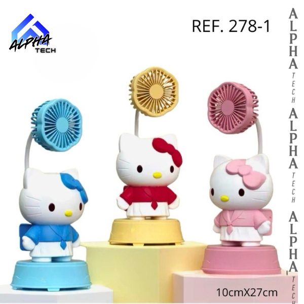 Tres mini ventiladores portátiles con diseño de Hello Kitty en colores azul, amarillo y rosa, sobre bases cilíndricas, dimensiones de 10cm por 27cm.