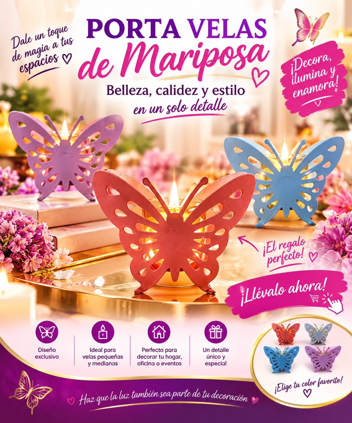 Porta velas de mariposa metálico en colores morado, rojo y azul con portavela de vidrio transparente sobre superficie dorada decorada con flores