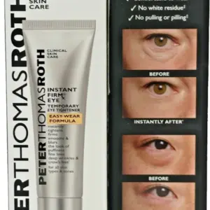 Caja y tubo plateado de 20 ml de crema reafirmante para ojos, con imágenes de antes y después de su uso en el empaque.